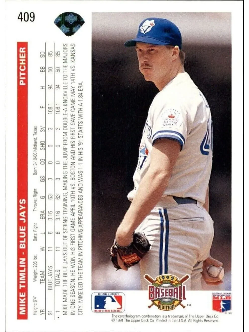 Mike Timlin 1992 Upper Deck MLB #409 Baseball Card Toronto Blue Jays